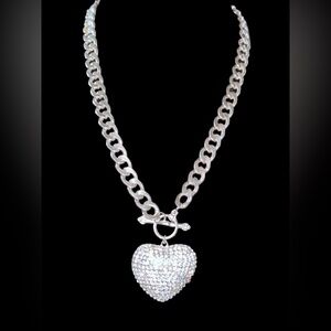 Chunky silvertone rhinestone heart necklace statement piece!